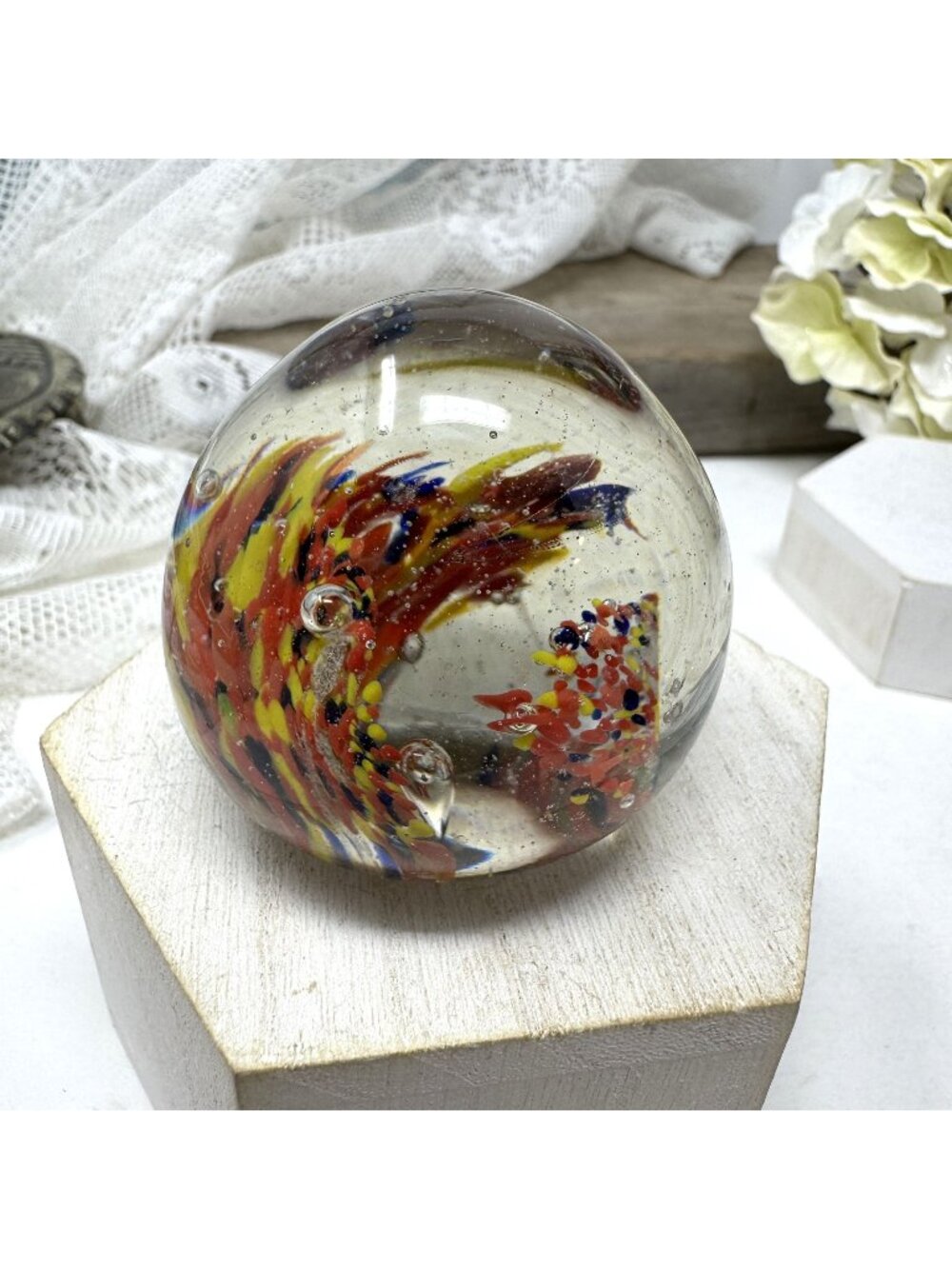 Handcrafted Glass Paperweight With Embedded Colorful Floral Design